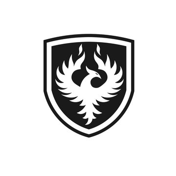Phoenix with shield Vector Logo Template. Flying Fire Bird Illustration in a Shield. Perfect for Sport Team Emblems