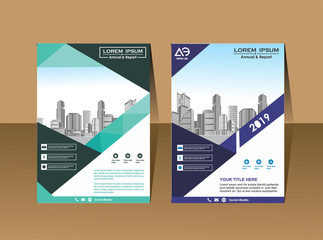 Vector Business brochure, flyers design template, company profile, magazine, poster, annual report, book & booklet cover, with green wavy line, and cityscape vector in background elements, size a4.