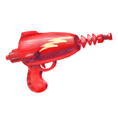 Watercolor illustration of a red alien blaster with a lightning bolt imprint in cartoon style, isolated on white background. Space punk raygun drawing. Laser gun fantasy art. Sci-fi cosmo weapon art.