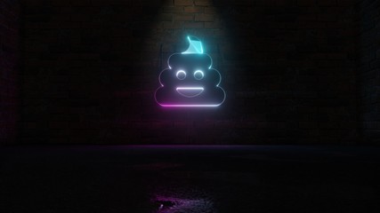 3D rendering of blue violet neon symbol of poo icon on brick wall