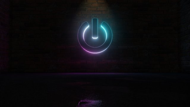 3D rendering of blue violet neon symbol of power off icon on brick wall