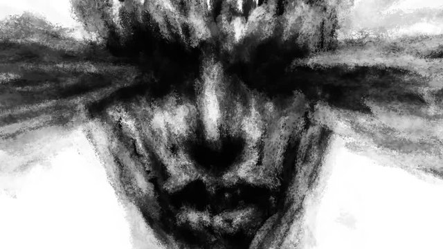 Woman face with splashes of blood from the eyes. Animation in genre of fantasy. Black and white background color.