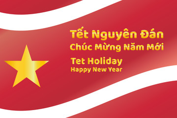 Vietnamese Lunar New Year or Tet Holiday. Inscription Tet Holiday and happy new year on vietnamese and english languages..Vector template for background, banner, card, poster with text inscription.