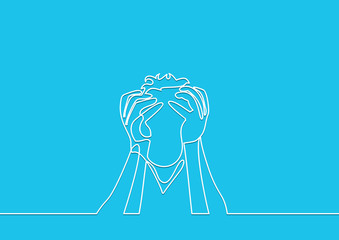 Stress and fatigue. man holding his head. headache-continuous line drawing