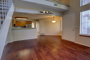 Kitchen and wood floor in open floorplan contemporary apartment condominium home