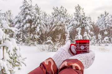 Female hands in white knitted mittens with tea or coffee cup against winter landscape with snow covered forest in cloudy day. Cozy mood, weekend trip to countryside, winter holidays at nature concept