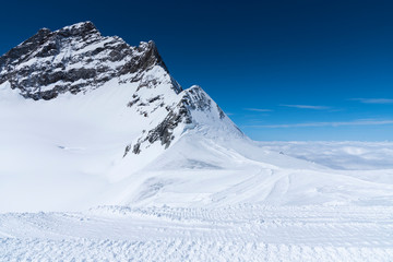 Aletsch Glacier/Fletsch Glacier. Panoramic view  part of Swiss Alps alpine snow mountains landscape from Top of Europe at Jungfraujoch station, Switzerland