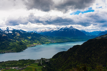 Naklejka na ściany i meble Beautiful landscape top viewpoint of Interlaken from Harder Kulm, Switzerland