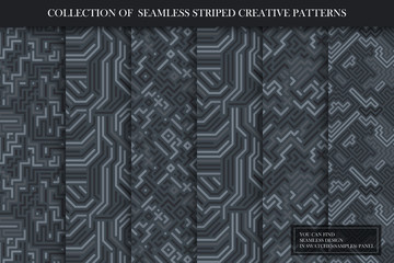 Collection of creative seamless striped patterns. Dark gray endless stylish textures - geometric art design. You can find repeatable bakgrounds in swatches panel