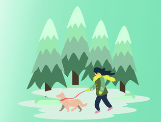 Girl walk a dog in park