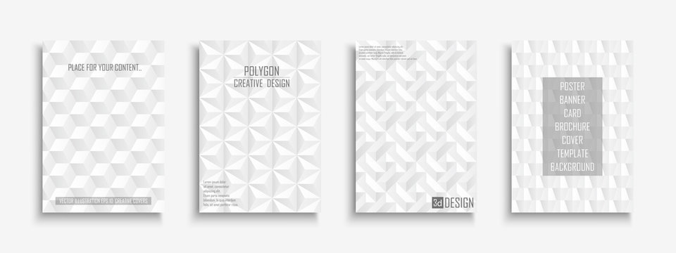 Collection of white textured covers, posters, templates, placards, brochures, banners, flyers, backgrounds. Geometric 3d design with creative shapes