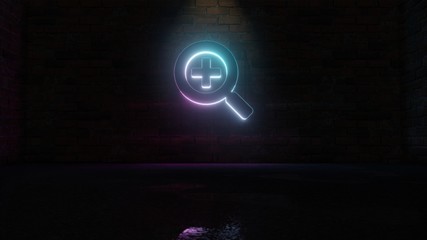 3D rendering of blue violet neon symbol of search plus icon on brick wall