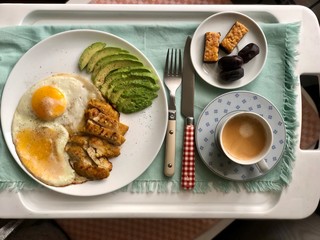 breakfast with fried eggs, chicken and avocado