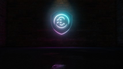 3D rendering of blue violet neon symbol of shield  icon on brick wall
