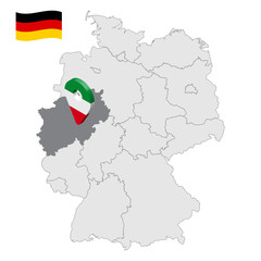 Location of North Rhine-Westphalia on map Federal Republic of Germany. 3d North Rhine-Westphalia location sign similar to the flag of North Rhine-Westphalia. Quality map of Germany. EPS10.