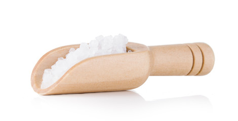 wooden scoop sea salt isolated on white background