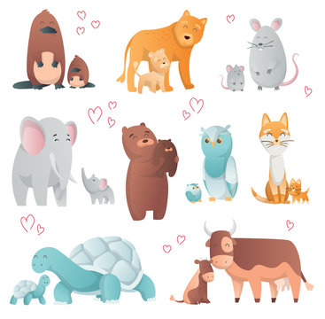 Collection of Animals mom and baby. Cartoons cute animals in flat style. Print for clothes. Vector illustration. Cute animals family