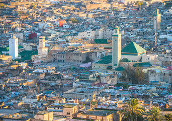 Fez medina in Morocco view from above with sunset light