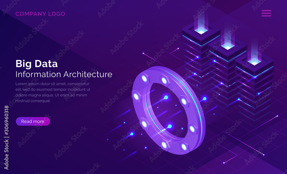 Poster big data, information architecture isometric technology concept vector. information flow through lum