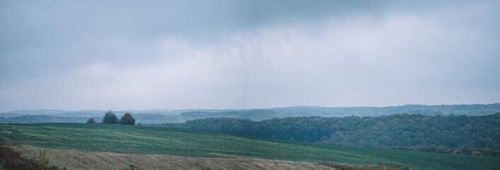 morning in green fields shrouded in fog and clouds