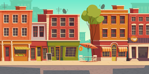Urban street landscape with small shops and residential buildings, cartoon vector background. Cityscape with pavement, facades of cafes, restaurant and bakeries, town poster - obrazy, fototapety, plakaty