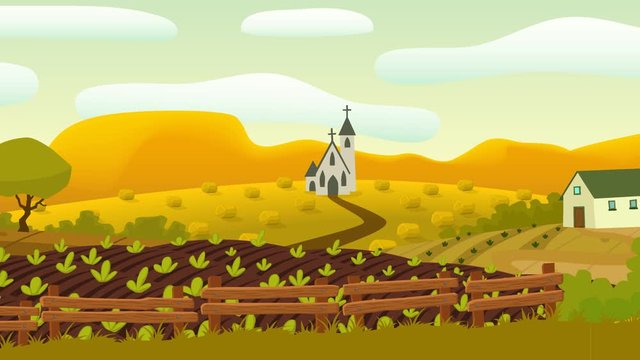 Looped spring village landscape, vector cartoon motion grapic background