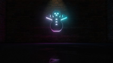 3D rendering of blue violet neon symbol of snowman icon on brick wall