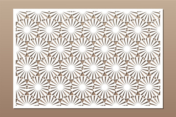 Decorative card for cutting. Recurring linear geometric mosaic pattern. Laser cut. Ratio 3:2. Vector illustration.