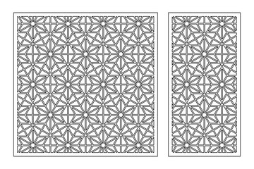 Set decorative card for cutting. Recurring linear geometric mosaic pattern. Laser cut. Ratio 1:1, 1:2. Vector illustration.