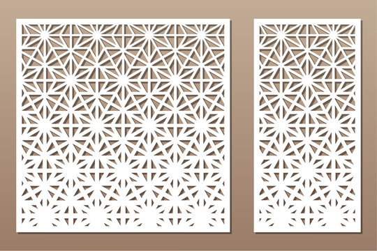 Set decorative card for cutting. Recurring linear geometric mosaic pattern. Laser cut. Ratio 1:1, 1:2. Vector illustration.