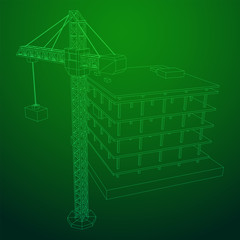 Building under construction with crane. Build house construct in process. Wireframe low poly mesh vector illustration