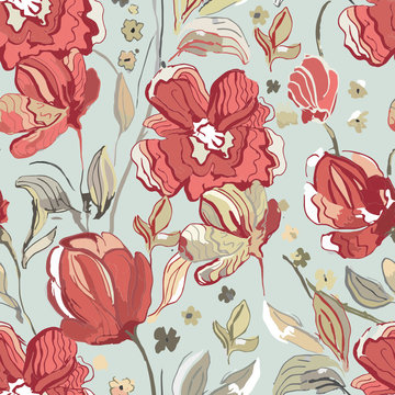 seamless pattern with pink flowers on the blue background