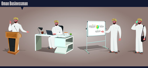 Arab Omani male character working in office, giving a lecture, presentation and talking in mobile phone. Oman businessman vector illustration.