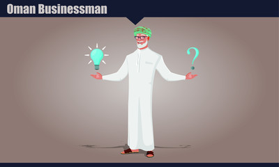 Arab Omani Old male character with options, showing a bulb and a question mark. Oman old businessman vector illustration.