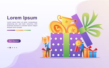 Fototapeta na wymiar Reward program and get gift concept. People win sweepstakes, cash back programs, rewards for loyal customers, attractive offers. Can use for web landing page, banner, mobile app. Vector Illustration