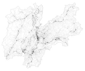 Satellite map of province of Trento, towns and roads, buildings and connecting roads of surrounding areas. Trentino Alto Adige, Italy. Map roads, ring roads