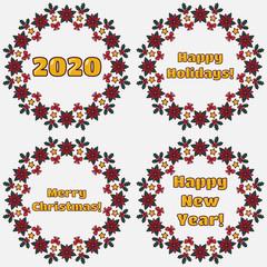 Set of Holiday decoration wreaths with poinsettia, holly and stars. 2020 year