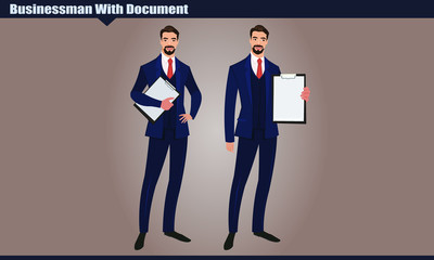 Businessman Holding Blank Paper On Clipboard. Young Businessman in Business Suit with Tie. Full length cartoon style character vector illustration.