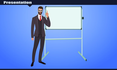 Businessman pointing on blank Board for presentation. Young Businessman in Business Suit with Tie. Full length cartoon style character vector illustration.