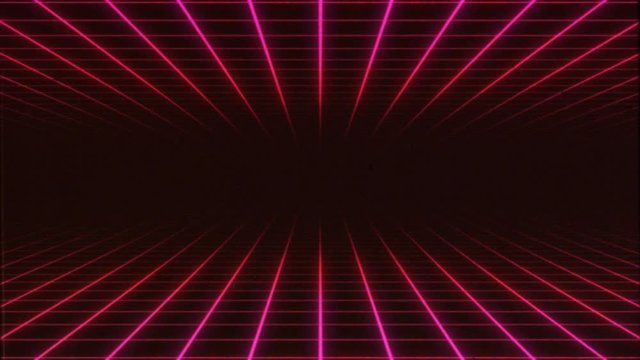 Eighties TV Retro Synthwave 3d Grid Background Loop/ 4k animation of an abstract retro background with eighties style made of synthwave, VHS distortion texture and vintage pixellation seamless looping