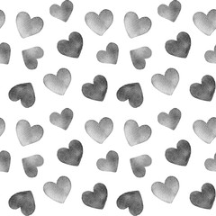 Grey watercolor hearts isolated on a white background. Seamless pattern. Elegance monochrome texture for wallpaper, wrapping paper, textile design, scrapbooking, web design 