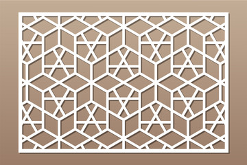 Decorative card for cutting. Recurring Artistic Arab Mosaic pattern. Laser cut. Ratio 3:2. Vector illustration.