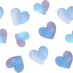 Blue watercolor gradient hearts isolated on a white background. Gentle wedding and Valentine's Day texture. Seamless pattern for wrapping paper, wallpaper, textile design, scrapbook, and web design