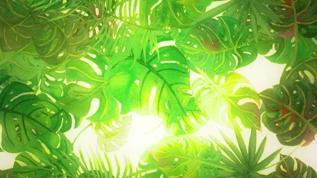 Abstract background with hand drawn watercolor tropical palm leaves. Seamless looping 4K footage. 