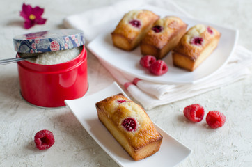 Financier cakes with raspberry and coconut flakes on white plate on light background