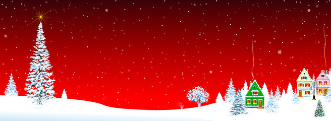 Herringbone houses village on red. Little village on Christmas Eve on a red background. Christmas tree and star in the sky. Snow-covered village. Night. Winter rural landscape on Christmas Eve.