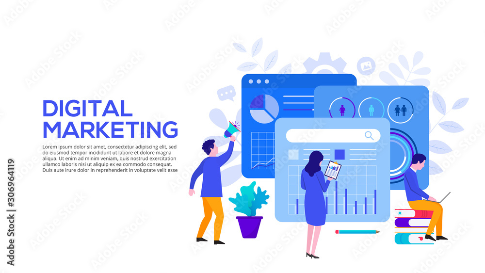 Aufkleber digital marketing concept with characters. vector illustration. landing page template for web and mo