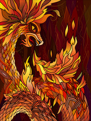 Fiery red dragon. Graphic, colorful drawing of a dragon exhaling fire symbolizing the element of fire. 