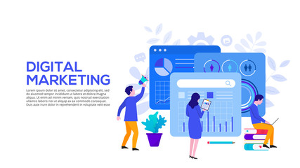 Digital marketing concept with characters. Vector illustration. Landing page template for web and mobile.