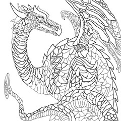 Earth dragon. Graphic, black and white sketch of a dragon symbolizing the elements of the earth on a white background.